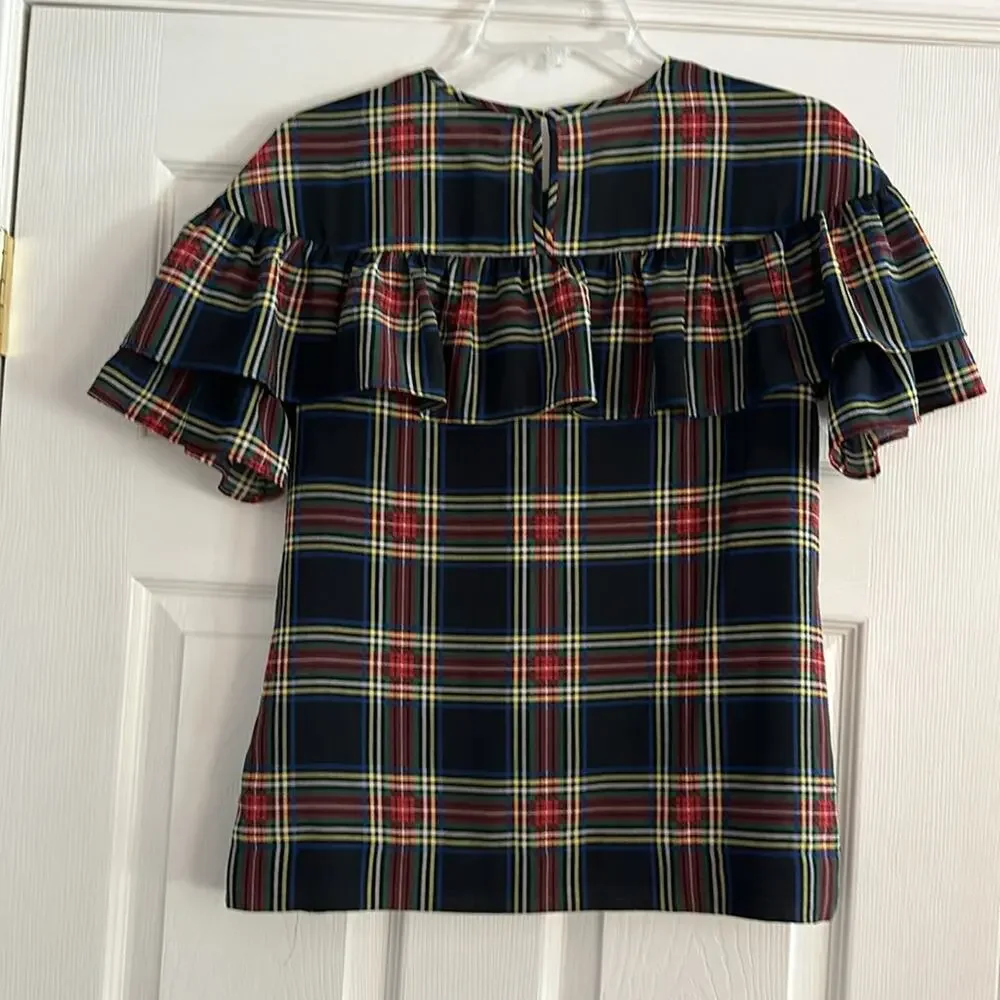 J Crew Edie Stewart Plaid Ruffle Top Black Red Green SIZE 2 Blouse Tartan Top